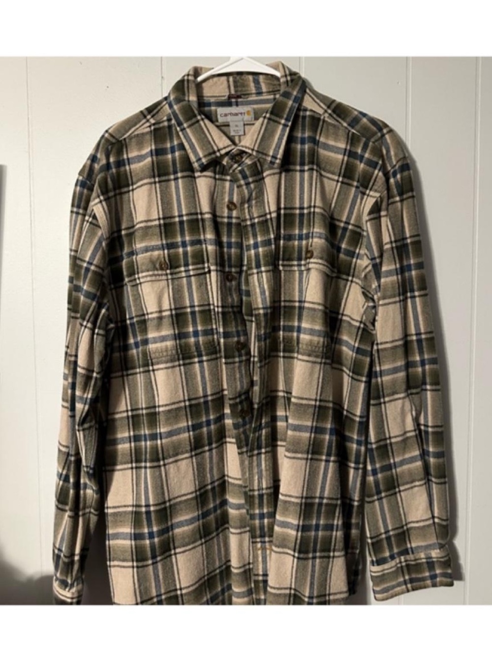 Carhartt Men’s Beige and Olive Plaid Button-Down Shirt